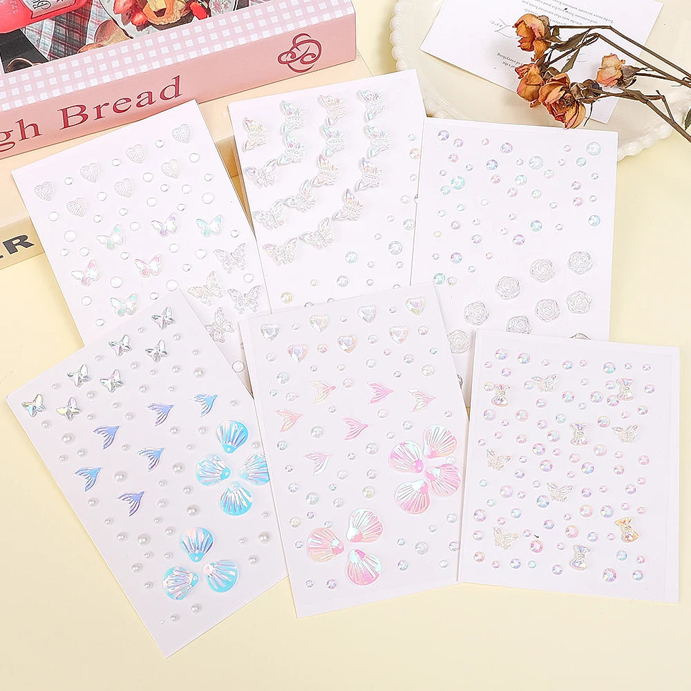 1-6pcs 3D Acrylic Diamond Stickers Butterfly Crystal Patch Face Paste Stage Makeup Rhinestones Jewelry Mermaid Pearl Tattoo