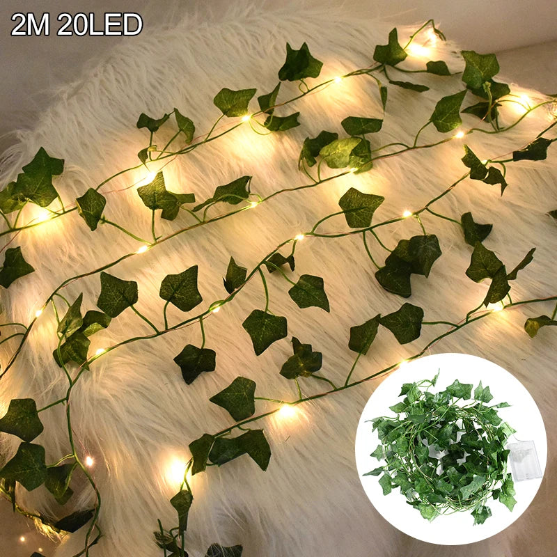 2M/5M/10M Green Leaf Ivy Garland String Lights Artificial Flower Leaf Vine For Wedding Home Hanging Decor Fake Plant Xmas Wreath