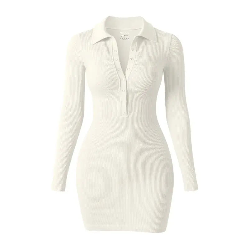 OQQ Women's  Collar Solid Buttons Down Long Sleeve V-Ne Dress Womenswear Casual