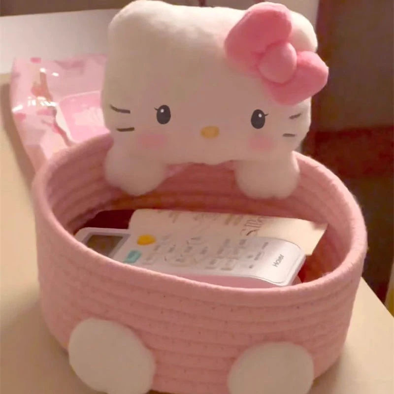 Japanese Kawaii Hello Kitty Storage Basket Cute Harajuku Charm Cosmetics Toys Storage Box Bedroom Decoration Birthday Gift Pink