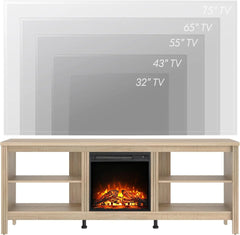 Electric Fireplace TV Stand for 75 Inch TV, Oak TV Console Table with 18 Inch Fireplace Insert Wood Entertainment Center