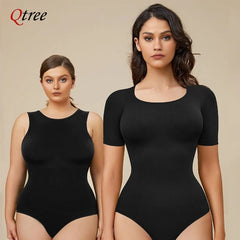 Qtree Plus Size Seamless Tummy Tucker Bodysuit Slimming Booty Lifting Shapewear for Women Short-Sleeved Waist Trainer Panties