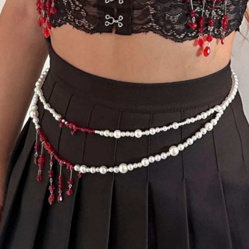 Designer Red belt Jewelry Multilayer Pearl waist chain for Women's Fashion Retro Character Playing Body Accessories Party Belts