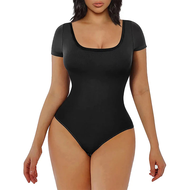 Qtree Plus Size Seamless Tummy Tucker Bodysuit Slimming Booty Lifting Shapewear for Women Short-Sleeved Waist Trainer Panties