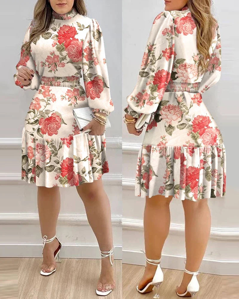 Autumn Women Floral Print Shirred Ruffle Dress 2022 Femme Casual Lantern Sleeve Robe Office Lady Dress Outfits Traf Vestid