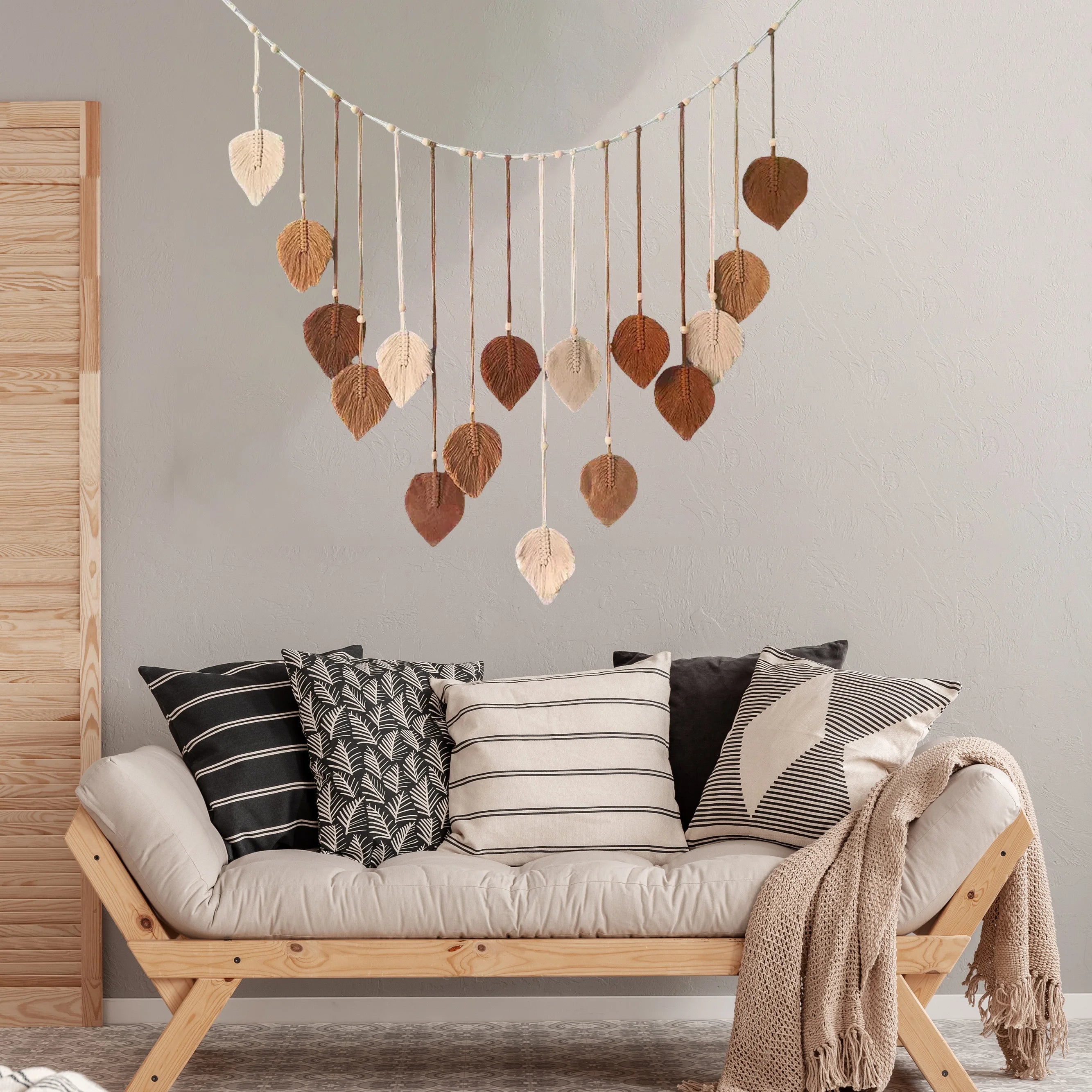 Boho Home Decoration, Macrame Tapestry Macrame Leaf Feather Wall Hanging Decor for Living Room Bedroom, Boho Wall Art Home Decor