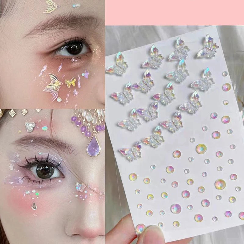 1-6pcs 3D Acrylic Diamond Stickers Butterfly Crystal Patch Face Paste Stage Makeup Rhinestones Jewelry Mermaid Pearl Tattoo
