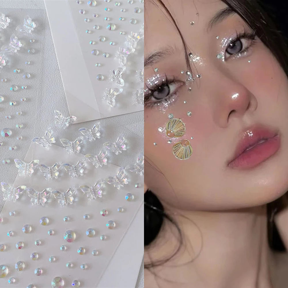1-6pcs 3D Acrylic Diamond Stickers Butterfly Crystal Patch Face Paste Stage Makeup Rhinestones Jewelry Mermaid Pearl Tattoo