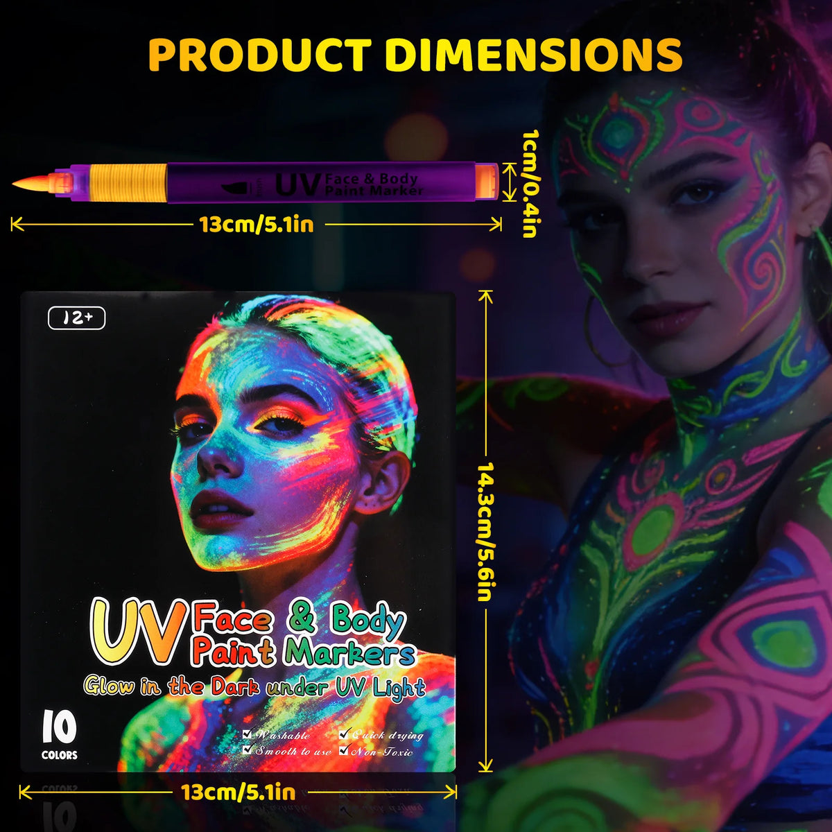 10 Colors UV Glow Face Body Paint Markers,Neon Glow in The Dark Under Black Light,Non-Toxic Washable Body Painting Pen for Party