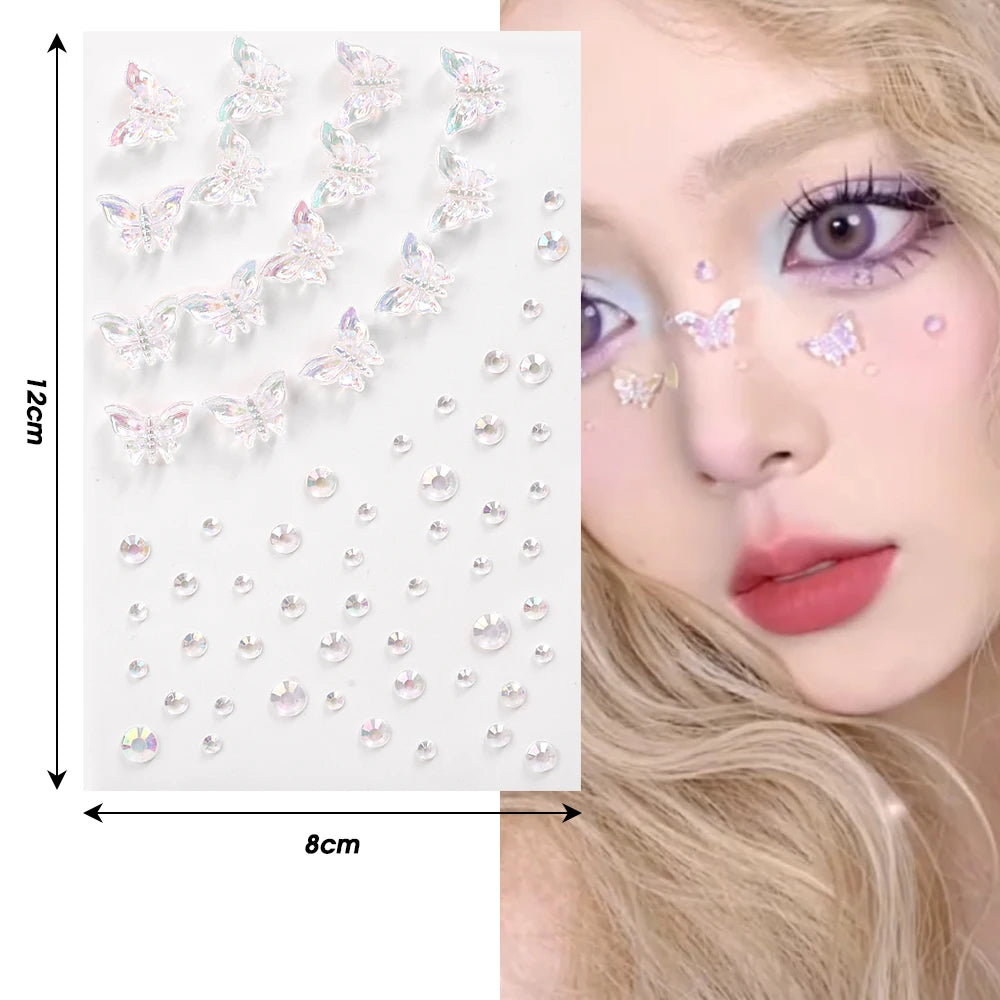 1-6pcs 3D Acrylic Diamond Stickers Butterfly Crystal Patch Face Paste Stage Makeup Rhinestones Jewelry Mermaid Pearl Tattoo