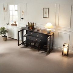 Accent Buffet Cabinet with 2 Glass Doors,Credenza with Two Drawers and Adjustable and Shelves, home decor and accessories ,Black