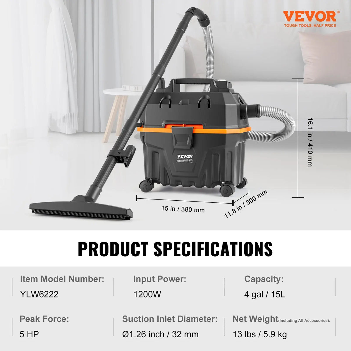 VEVOR Stainless Steel Wet Dry Shop Vacuum, 5.3 Gallon 6 Peak HP Wet/Dry Vac, Powerful Suction with Blower Function w/Attachment